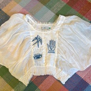 Bohemian White Blouse with Blue Embroidery